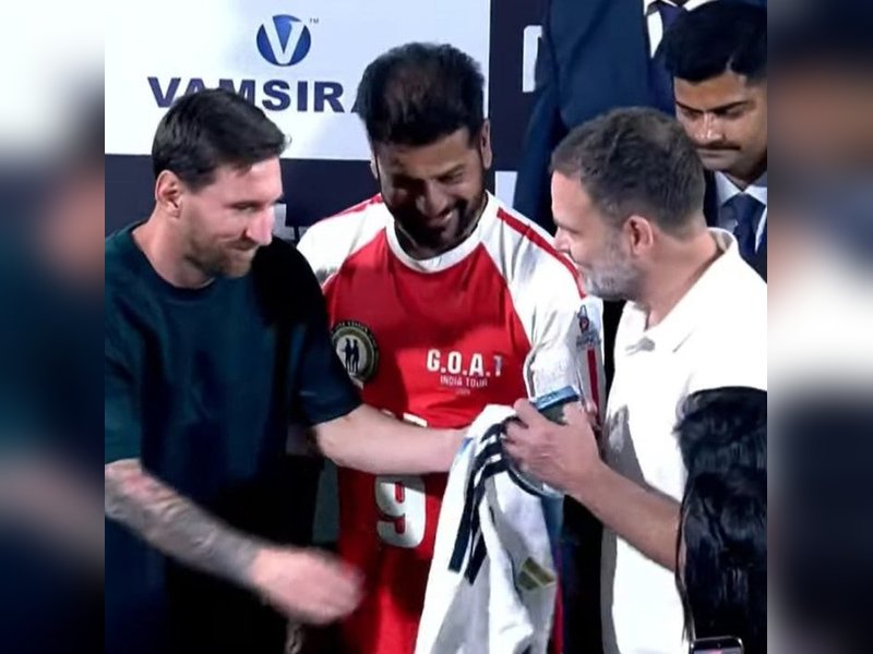 'Viva Football': Rahul Gandhi meets Lionel Messi in Hyderabad during GOAT Tour; presented jersey by Argentine star. Photo credit: Congress