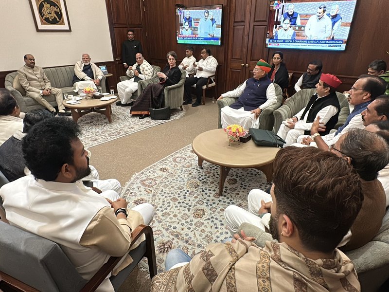 Scene of bonhomie, light-hearted moments mark Lok Sabha Speaker’s tea party 