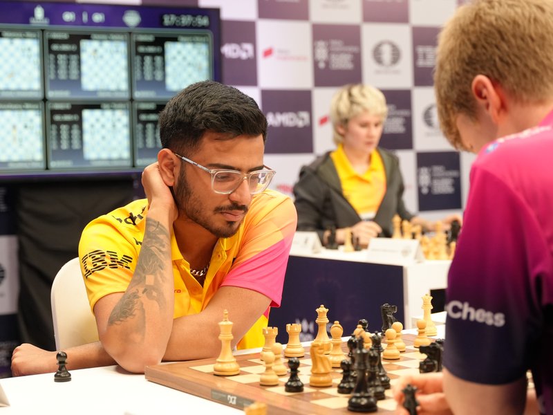 Ganges Grandmasters beat Fyers American Gambits to keep final hopes alive in Season 3 of the Global Chess League (GCL) at the Royal Opera House in Mumbai on Monday. Photo credit: GCL