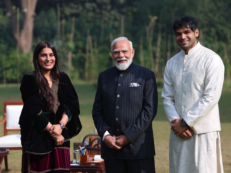 PM Modi hosts javelin ace Neeraj Chopra, wife Himani, at his residence