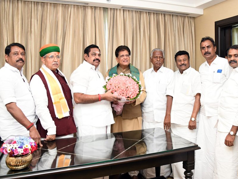 AIADMK General Secretary Edappadi K. Palaniswami, BJP Tamil Nadu election in-charge and Union Minister Piyush Goyal, Minister of State (Independent Charge) for Law and Justice and Parliamentary Affairs Arjun Ram Meghwal, Tamil Nadu BJP President Nainar Nagenthran, Union Minister L. Murugan, and others during the BJP-AIADMK meeting in Chennai on Tuesday, December 23, 2025. (Photo: IANS)