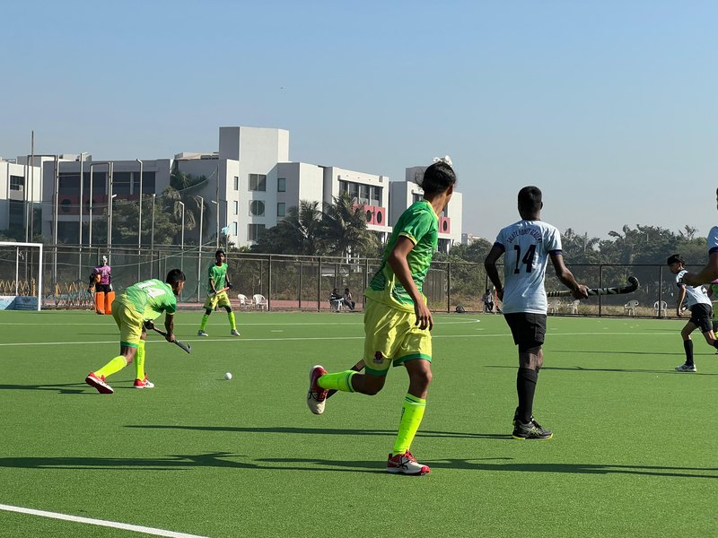 Ritu Rani Hockey Academy, Roundglass Punjab Hockey Club Academy, Salute Hockey Academy, and HAR Hockey Academy on day three of the 3rd Hockey India Sub-Junior Men Academy Championship 2025 - Zone A & B at the Veer Narmad South Gujarat University Hockey Ground in Surat, Gujarat, on Friday. Photo credit: Hockey India