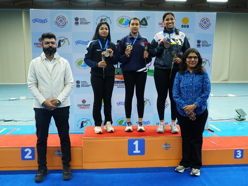 Tilottama Sen claims women’s 50m Rifle 3P gold in the 68th National Shooting Championship Competitions at MP State Shooting Academy in Bhopal on Saturday. Photo credit: NRAI