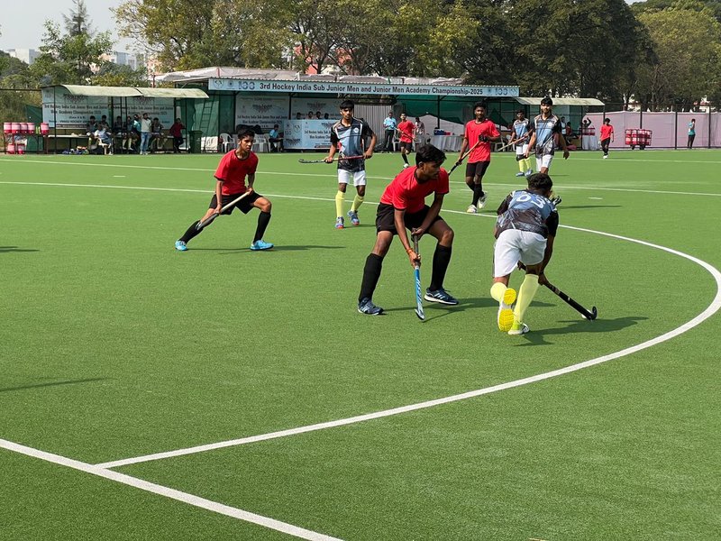 Ghumanhera Riser’s Academy, Pritam Siwach Hockey Academy, Sonepat, S.G.P.C Hockey Academy, Sports Authority of Gujarat – Hockey Academy, Namdhari XI, registered victories on Day 3 of the 3rd Hockey India Junior Men Academy Championship 2025 – Zone A & B in Suraj on Saturday. Photo credit: Hockey India