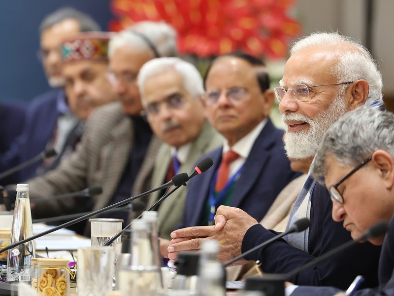 Prime Minister Narendra Modi chairs a pre-Budget meeting with leading economists, in New Delhi on Tuesday, December 30, 2025. Union Finance Minister Nirmala Sitharaman, NITI Aayog Vice Chairman Suman Bery and other eminent economists are present. (Photo: IANS/PMO)