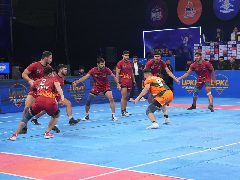 Sangam Challengers overcome Kanpur Warriors' fightback, climb to second place in the standings in Season 2 of the Uttar Pradesh Kabaddi League (UPKL) in Noida on Monday. Photo credit: UPKL