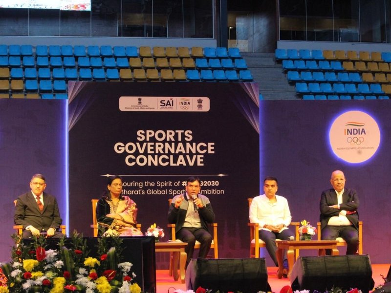 Dr. Mansukh Mandaviya addresses the ‘Sports Governance Conclave’ in Ahmedabad on Friday. Photo credit: PIB