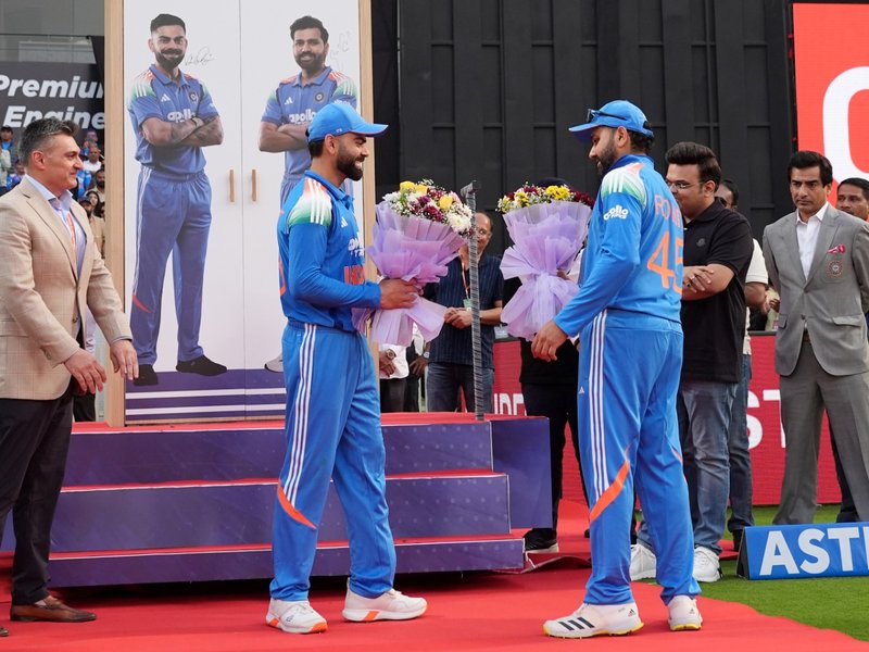 Rohit-Kohli felicitated by Baroda Cricket Association as Vadodara hosts first-ever men’s ODI (Credit: X/BCCI)