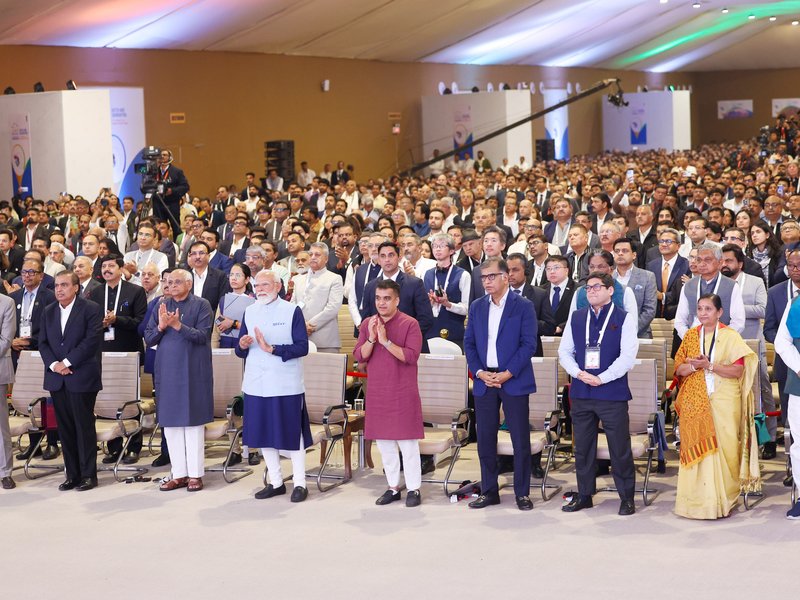 Prime Minister Narendra Modi at the inauguration of the Vibrant Gujarat Regional Conference for the Kutch and Saurashtra region, as Gujarat Chief Minister Bhupendra Patel, Deputy Chief Minister Harsh Sanghavi, and Reliance Industries Chairman Mukesh Ambani look on in Rajkot, Gujarat, Sunday, January 11, 2026. (Photo: IANS/PMO)