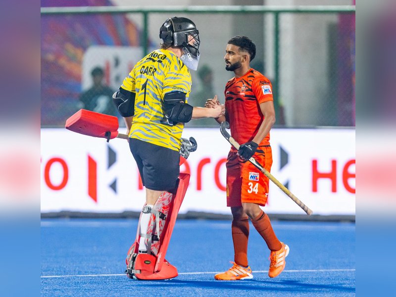 Sharchi Bengal Tigers score a roaring 5-3 win over Tamil Nadu Dragons in a key match of the Men's Hockey India League (HIL) 2026 at the Marang Gomke Jaipal Singh Munda Hockey Stadium in Ranchi on Tuesday.  Photo credit: Hockey India
