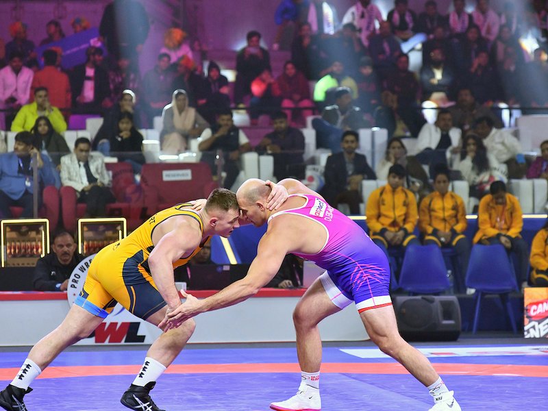 Maharashtra Kesari ensure first win with dominant start against Tigers of Mumbai Dangals in Match 6 of the Pro Wrestling League (PWL) 2026 at the Noida Indoor Stadium in Noida on Sunday.  Photo credit: PWL 2026