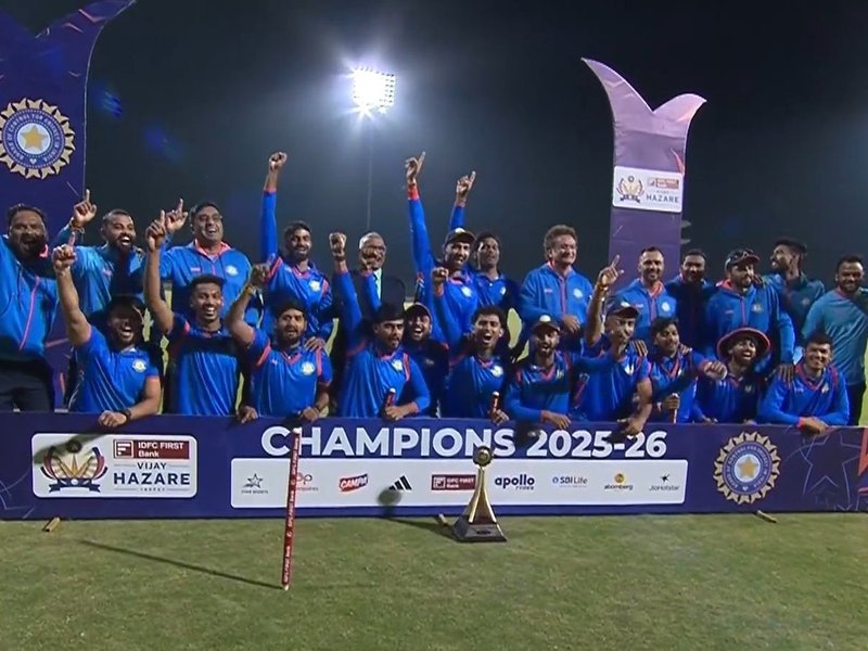 Atharva Taide's ton and fine bowling by Yash Thakur and Nachiket Bhute help Vidarbha beat Saurashtra by 38 runs in the final to win Vijay Hazare Trophy in Bengaluru on Sunday night. Photo credit: BCCI Domestic/X