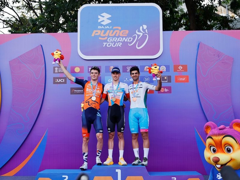 Fergus Browning blazes the trail as Harshveer Singh leads India's challenge in high-speed Prologue for the Pune Grand Tour 2026 in Pune on Monday. Photo credit: CFI