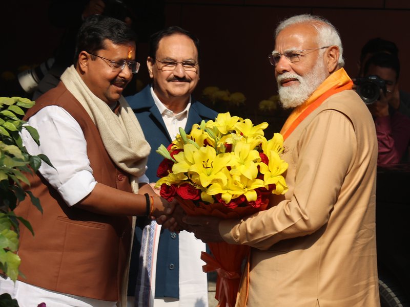Nitin Nabin and Union Minister JP Nadda greet Prime Minister Narendra Modi at the organisational event (Sangathan Parv) at the BJP headquarters in New Delhi, Tuesday, January 20, 2026. (Photo: IANS/Prem Nath Pandey)