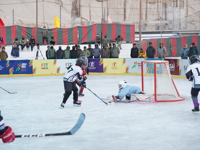 Army men, Ladakh women start with emphatic wins as ice hockey competition starts at the Nawang Dorjan Stobdan (NDS) Stadium in Leh on Tuesday. Photo credit: KIWG 2026