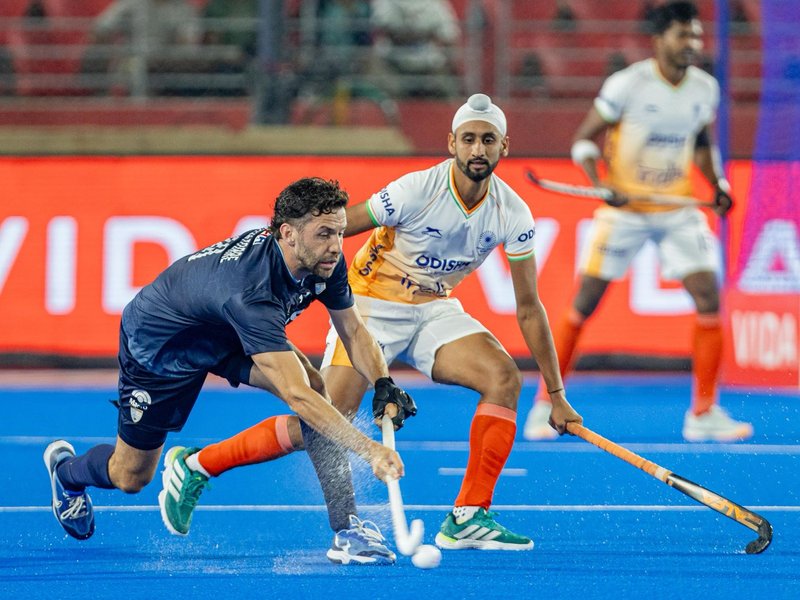 Tomas Domene scores four goals as Argentina beat India 8-0 in the FIH Men's Pro League 2025–26 Rourkelaat the Birsa Munda Hockey Stadium in Rourkela on Thursday. Photo credit: Hockey India