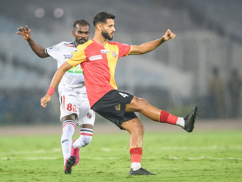 Youssef Ezzejjari’s brace of goals helps East Bengal SC overcome NorthEast United FC in Match 5 of the Indian Super League (ISL) 2025-26 at the Vivekananda Yuba Bharati Krirangan in Kolkata on Monday. Photo credit: AIFF