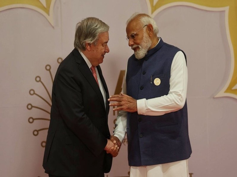 Prime Minister Narendra Modi greets United Nations Secretary-General Antonio Guterres at the India AI Impact Summit 2026 on Wednesday, February 18, 2026. (Photo: UN)    