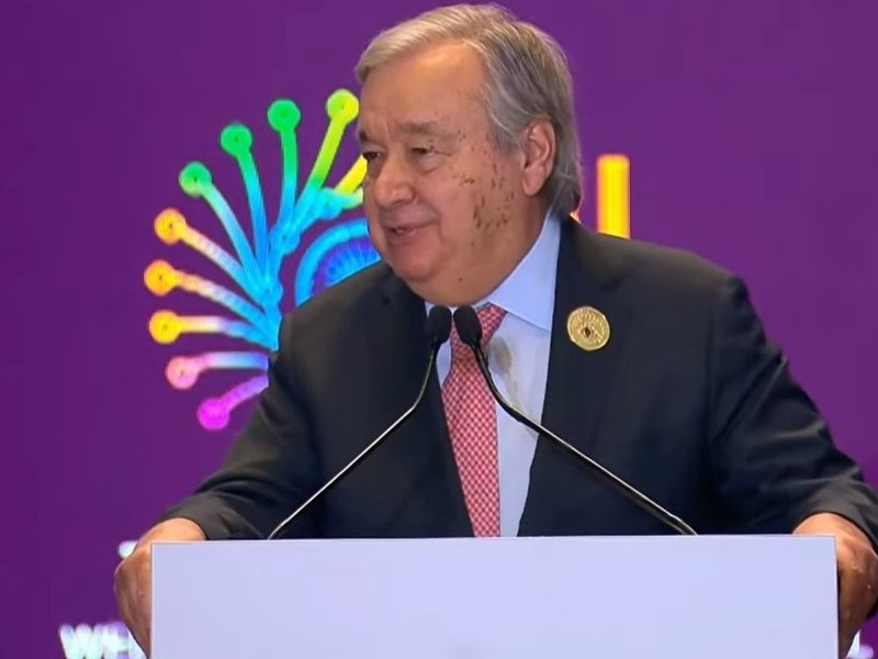 United Nations Secretary-General speaks at the inauguration of the India AI Impact Summit at the Bharat Mandapam in New Delhi on Thursday, February 19, 2026. (Photo: IANS)