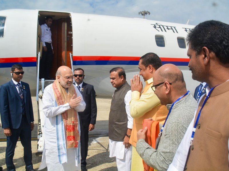 Cachar Union Home Minister Amit Shah receives a warm welcome from Assam Chief Minister Himanta Biswa Sarma upon his arrival at Silchar Airport in Cachar district on Friday, February 20, 2026. (Photo: IANS)