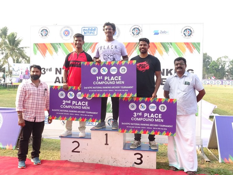 Dhiraj Bommadevara, Mani Ratnam, and Aditi Gopichand Swami claim top spots in National Ranking Archery Tournament at Sacred Heart College, Ernakulam, Kerala. Photo credit: AAI