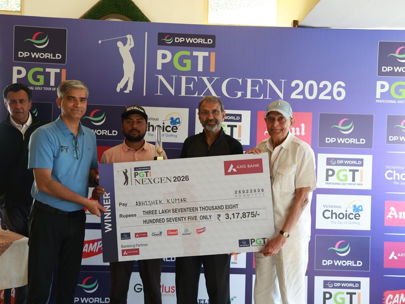 Abhishek Kumar produces record low of 64 for come-from-behind victory in the first leg of the INR 25 lakh DP World PGTI NexGen 2026 played at the Aravalli Golf Club in Faridabad, Haryana, on Thursday. Photo credit: PGTI
