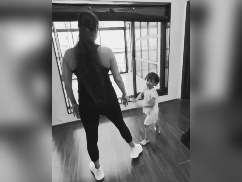 Dia Mirza enjoys a fun session at the gym with her little companion