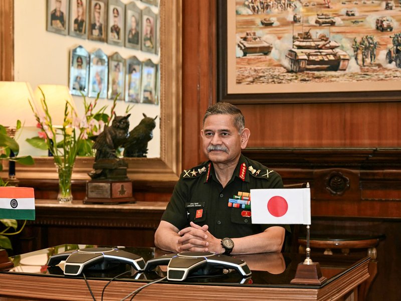 New Delhi: Chief of Army Staff General Upendra Dwivedi interacts with General Arai Masayoshi, Chief of Staff of the Japan Ground Self-Defense Force, through a video call to discuss bilateral defence cooperation, in New Delhi on Wednesday, March 25, 2026. (Photo: IANS/X/@adgpi)