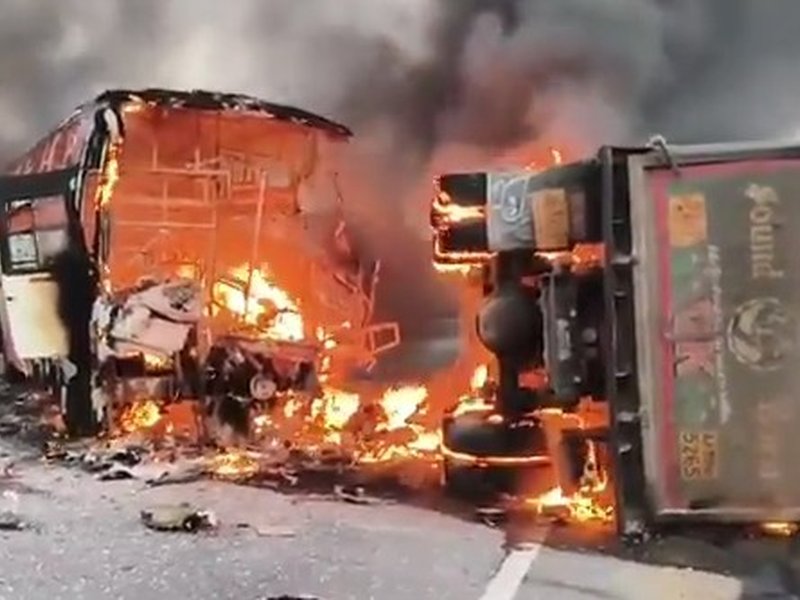 14 killed as bus catches fire after colliding with tipper truck in Andhra Pradesh