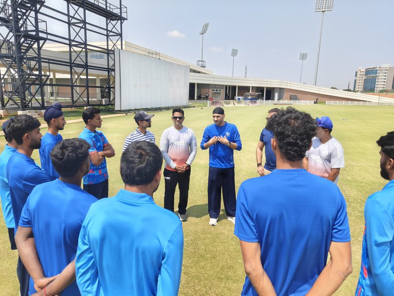 Harbhajan Singh conducts a specialist camp for emerging off-spinners at BCCI CoE in Bengaluru. Photo credit: @BCCI/X