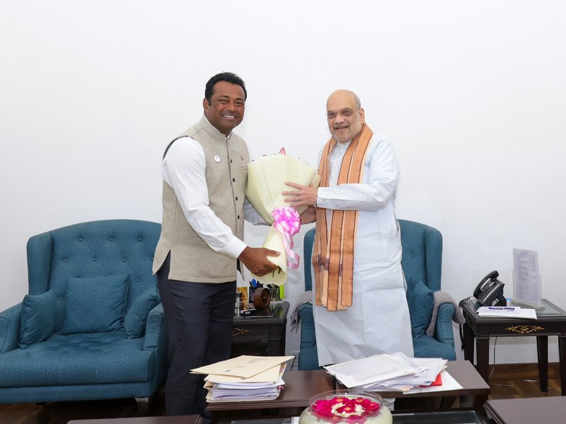 Leander Paes thanks Home Minister Amit Shah after joining BJP, calls on the Home Minister in New Delhi on Tuesday. Photo credit: @Leander Paes/X