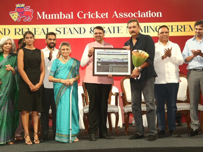 MCA unveils Stands, Gates at Wankhede Stadium to honour former cricketers Ravi Shastri, Dilip Sardesai, Eknath Solkar, and Diana Edulji in Mumbai on Thursday. Photo credit: MCA