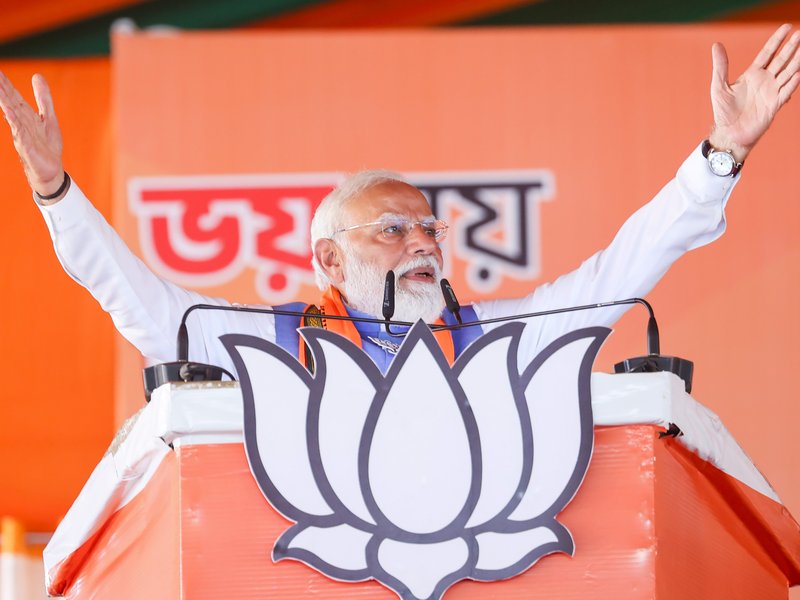 Purba Bardhaman: Prime Minister Narendra Modi addresses a public meeting as a part of his election campaign ahead of the West Bengal assembly elections in the Purba Bardhaman district of West Bengal on Saturday, April 11, 2026. (Photo: IANS/PMO)