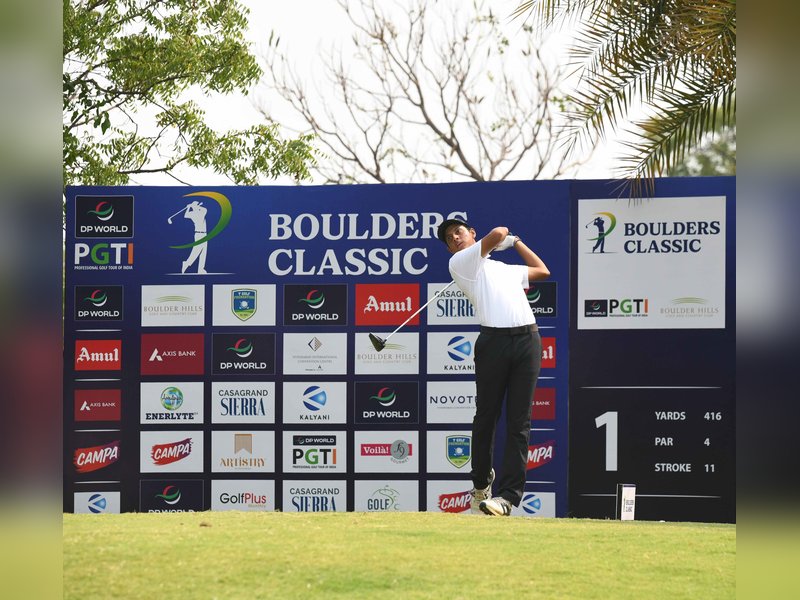 Local lad Vishesh Sharma takes a one-shot lead on day one of the inaugural Boulders Classic 2026 golf tournament being played at the Boulder Hills Golf & Country Club in Hyderabad on Tuesday. Photo credit: PGTI