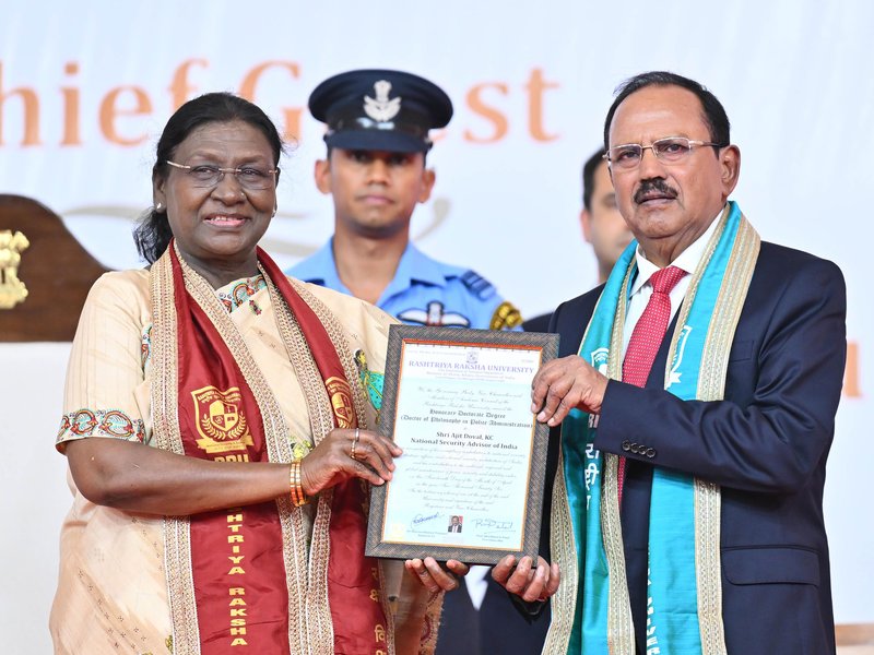 Gandhinagar: President Droupadi Murmu with National Security Advisor (NSA) Ajit Doval at the convocation ceremony of Rashtriya Raksha University in Gandhinagar, Gujarat, on Tuesday, April 14, 2026. (Photo: IANS/X/@rashtrapatibhvn)