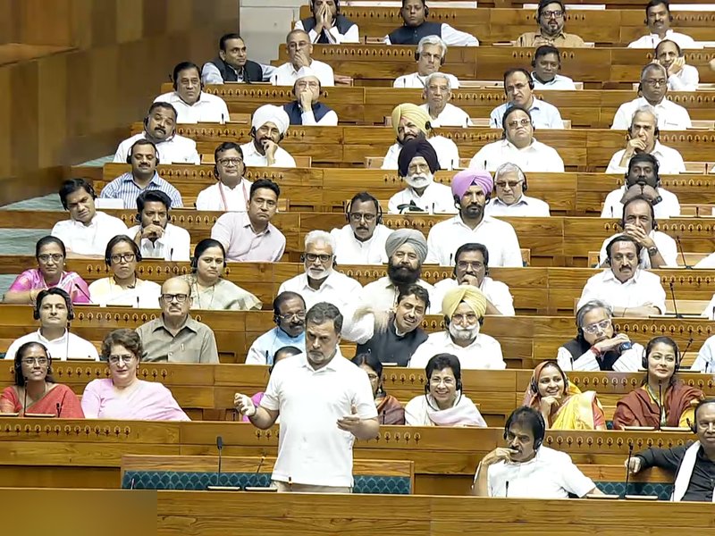 New Delhi: Leader of Opposition in Lok Sabha Rahul Gandhi speaks in the House during the special sitting of the Budget Session 2026, during a debate on the Women’s Reservation Bill and delimitation, in New Delhi on Friday, April 17, 2026. (Photo: IANS/Sansad TV)