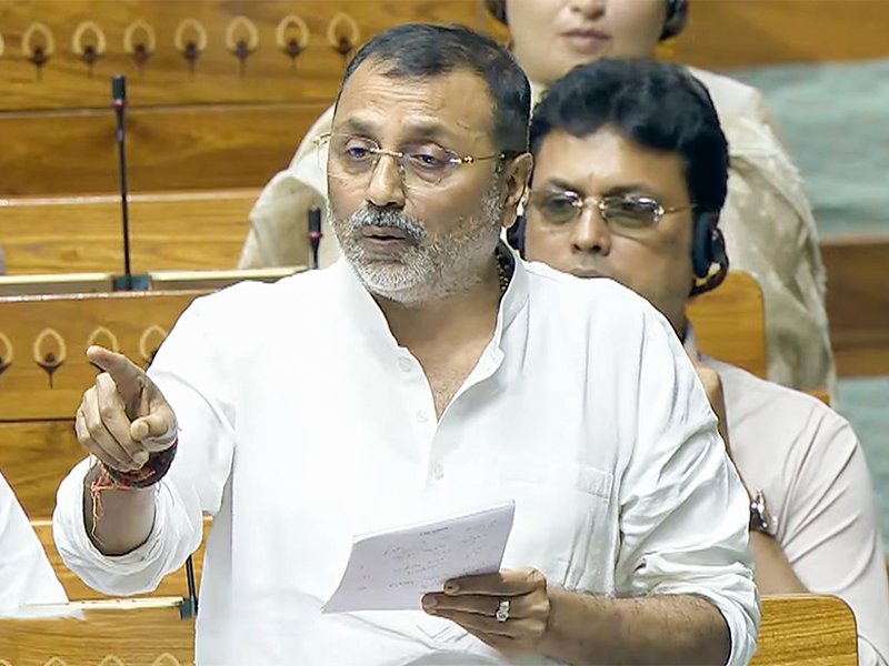 New Delhi: Bharatiya Janata Party (BJP) MP Nishikant Dubey speaks in the House during the special sitting of the Budget Session 2026, during a debate on the Women’s Reservation Bill and delimitation, in New Delhi on Friday, April 17, 2026. (Photo: IANS/Sansad TV)