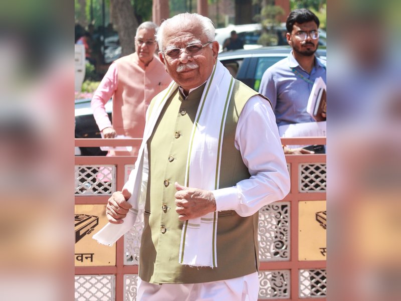 New Delhi: Union Minister Manohar Lal Khattar at the Parliament House complex during the three-day special session in New Delhi on Saturday, April 18, 2026. (Photo: IANS/Qamar Sibtain)