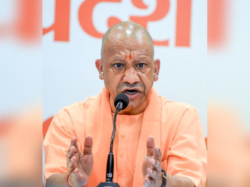 Lucknow: Uttar Pradesh Chief Minister Yogi Adityanath addresses a press conference on the Women Reservation Bill at the BJP office in Lucknow on Sunday, April 19, 2026. (Photo: IANS)