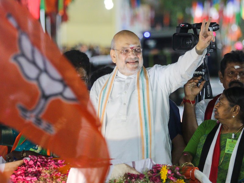 Chennai: Union Home Minister Amit Shah holds a roadshow near Kapaleeshwarar Temple ahead of the Tamil Nadu Assembly elections, in Chennai on Sunday, April 19, 2026. (Photo: IANS)