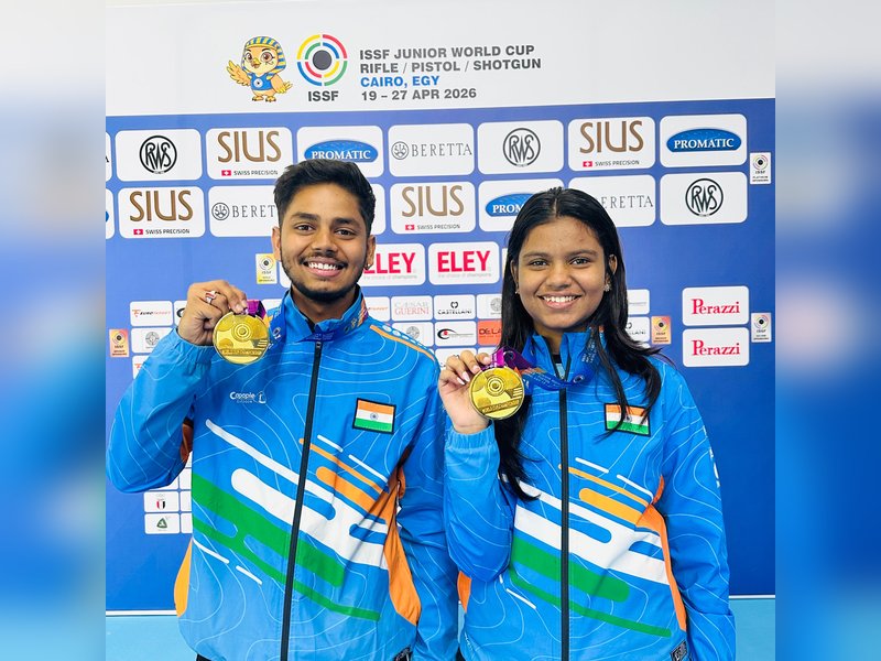 Shambhavi, Divyanshu clinch mixed team air rifle gold with junior world record score in the International Shooting Sport Federation (ISSF) Junior World Cup Rifle/Pistol/Shotgun in Cairo, Egypt, on Friday.  Photo credit: NRAI