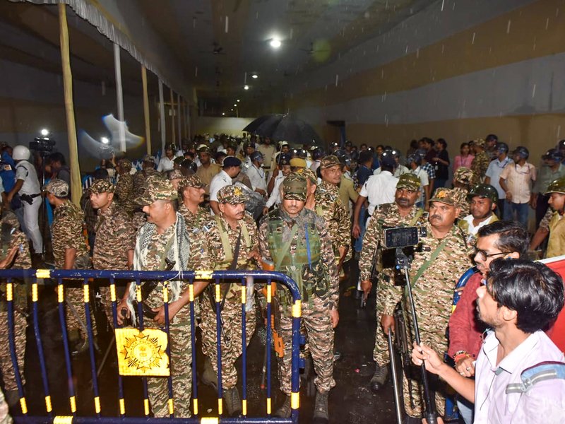 Kolkata: Security forces are deployed after a scuffle reportedly broke out between BJP and TMC leaders in front of the strong room outside Netaji Indoor Stadium, amid allegations by the TMC that attempts were being made to open ballot boxes without the presence of authorised representatives of concerned political parties, in Kolkata district of West Bengal on Thursday, April 30, 2026. (IANS/Kuntal Chakrabarty)