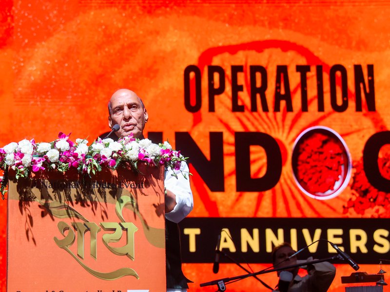 New Delhi: Defence Minister Rajnath Singh addresses supporters during the ‘Shaurya Sandhya’ event marking the anniversary of Operation Sindoor at India Gate, in New Delhi, on Saturday, May 02, 2026. (Photo: IANS/Prem Nath Pandey)