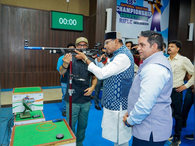 MP Sports Minister Vishvas Kailash Sarang pledges talent hunt and Shooting League of India at the opening ceremony of the 24th Kumar Surendra Singh Memorial (KSSM) Shooting competition at the M.P. Shooting Academy in Bhopal. Photo credit: NRAI