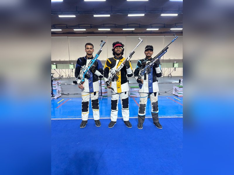 Rudrankksh Patil clinches 10m Air Rifle gold in the 10m Air Rifle Men ISSF event at the 24th Kumar Surendra Singh Memorial Shooting Championship at the Madhya Pradesh State Shooting Academy in Bhopal, on Friday. Photo credit: NRAI