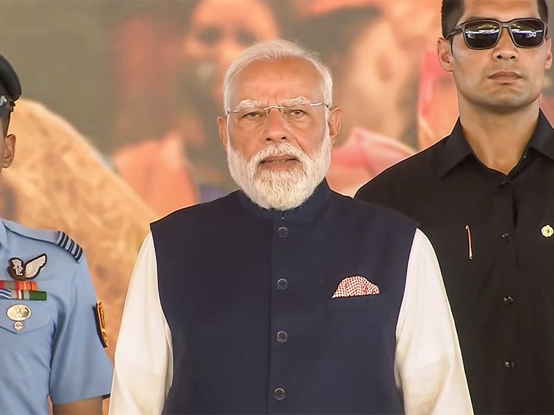 Kolkata: Prime Minister Narendra Modi stands for the national anthem during the swearing-in ceremony of West Bengal Chief Minister-designate Suvendu Adhikari in Kolkata on Saturday, May 9, 2026. (Photo: IANS/Video Grab)