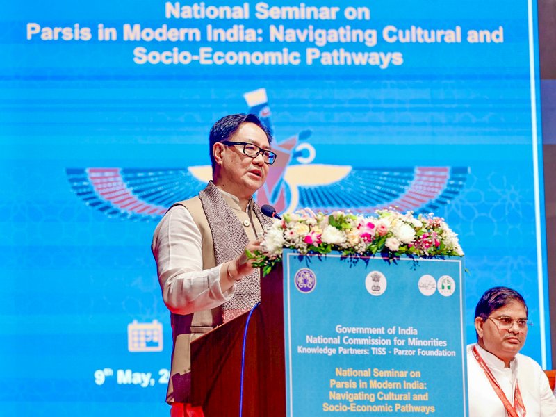 Mumbai: Union Minister for Parliamentary Affairs and Minority Affairs Kiren Rijiju addresses the national seminar on “Parsis in Modern India: Navigating Cultural and Socio-Economic Pathways” at Yashwantrao Chavan Centre in Mumbai, Maharashtra on Saturday, May 09, 2026. (Photo: IANS/X/@RijijuOffice)