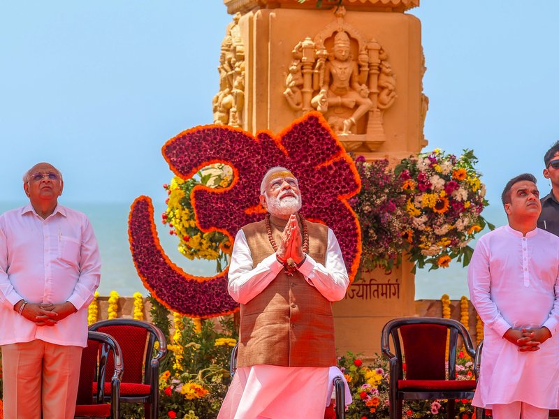 Gir Somnath: Prime Minister Narendra Modi offers prayer as part of the Somnath Amrut Mahotsav at the Somnath Temple in the Gir Somnath district of Gujarat on Monday, May 11, 2026. (Photo: IANS/PMO)