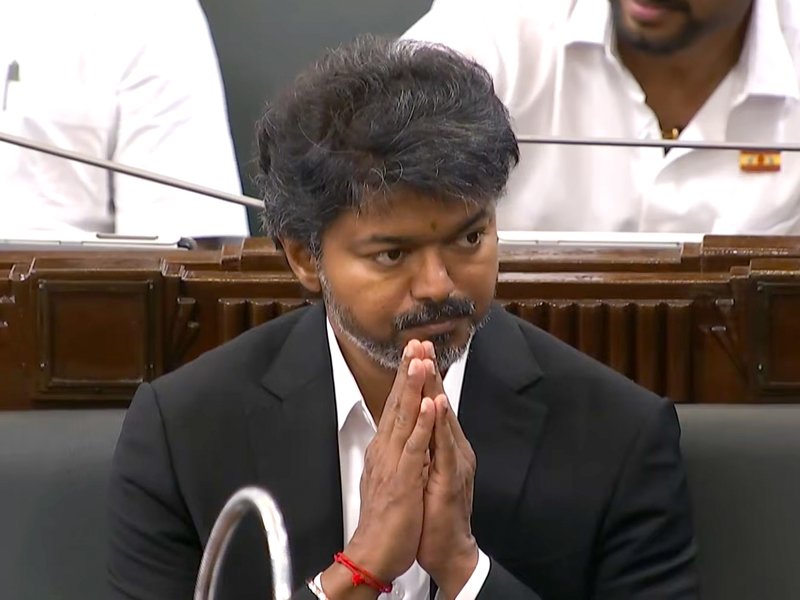 Chennai: Tamil Nadu Chief Minister C. Joseph Vijay reacts after securing victory in the government resolution for the vote of confidence in the Council of Ministers headed by him during the Tamil Nadu Assembly session in Chennai on Wednesday, May 13, 2026. (Photo: IANS/Video Grab)