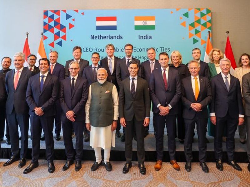 The Hague: Prime Minister Narendra Modi and Netherlands Prime Minister Rob Jetten pose for a group photograph during the CEOs Roundtable meeting, in The Hague, Netherlands on Saturday, May 16, 2026. (Photo: IANS/X/@narendramodi)